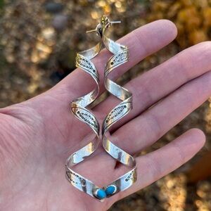 Vintage Signed Native American Twisted Curled LONG Silver 925 Turquoise Earrings